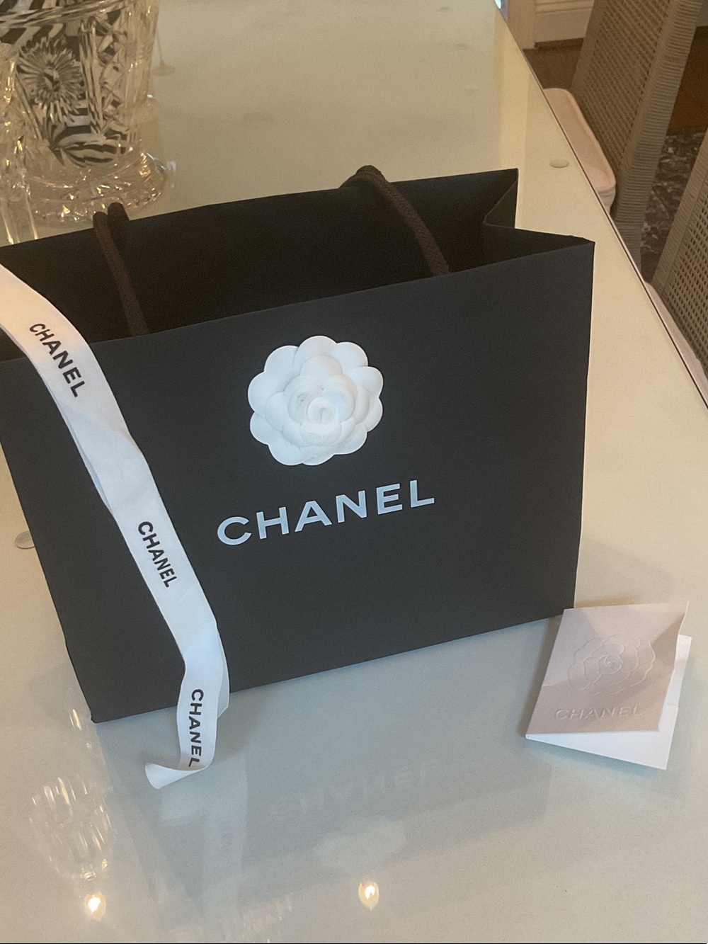 CHANEL Black Tote with White Camellia and Ribbon and card